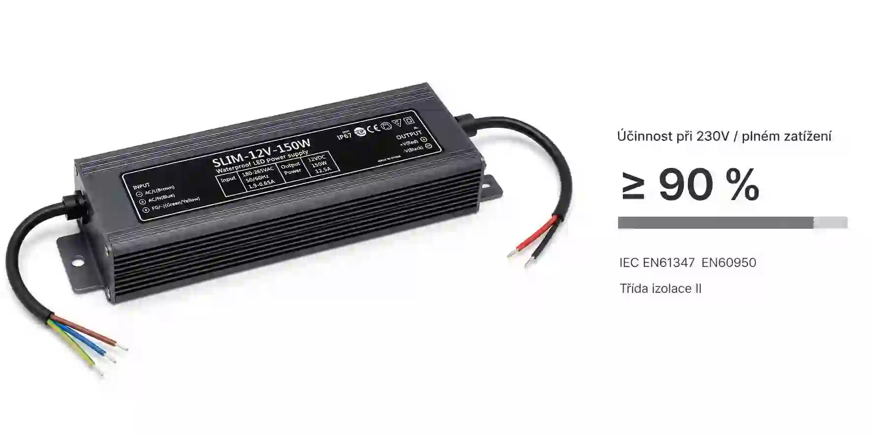 Graf účinnosti LED zdroje SLIM 12V 150W dosahující 90 procent při plném zatížení 230V